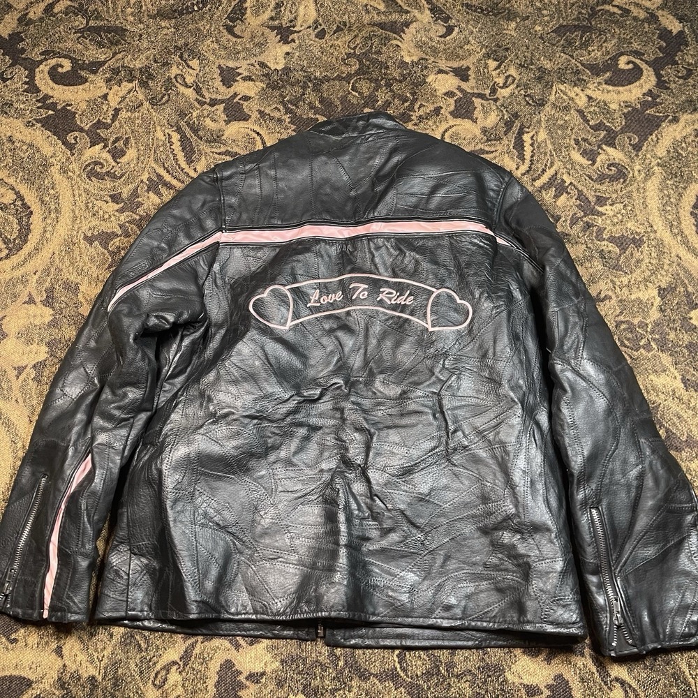 Vtg Diamond Plate Woman's Love to Ride Leather Motorcycle Jacket Size Medium